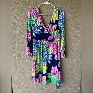 Lilly Pulitzer Fleur Dress Navy Travelers Palm Multi Floral Long Sleeve Sz M